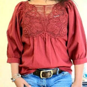 Vintage Women's Beautiful - Balloon Sleeves Maroon Top - Fits M & L